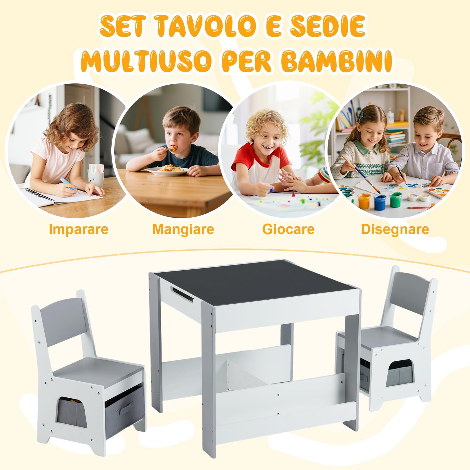 RELAX4LIFE 4 in 1 Tavolino e Sedie per Bambini, Tavolo con Piano Bifacciale Rimovibile e 2 Librerie Laterali, Sedia con Schienale Ergonomico e Cassetto, per Bambini 3+ Anni (Grigio)