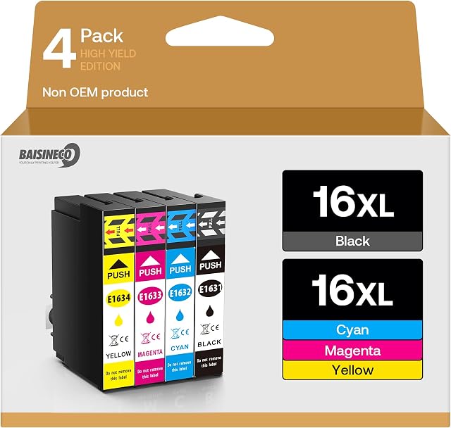 BAISINECO 16XL Ink Cartridges Multipack 4-Colour Replacement Compatible for 16 XL Ink Cartridges for Epson Workforce WF-2530 WF-2750 WF-2510 WF-2630 WF-2660 WF-2650 WF-2540 WF2010