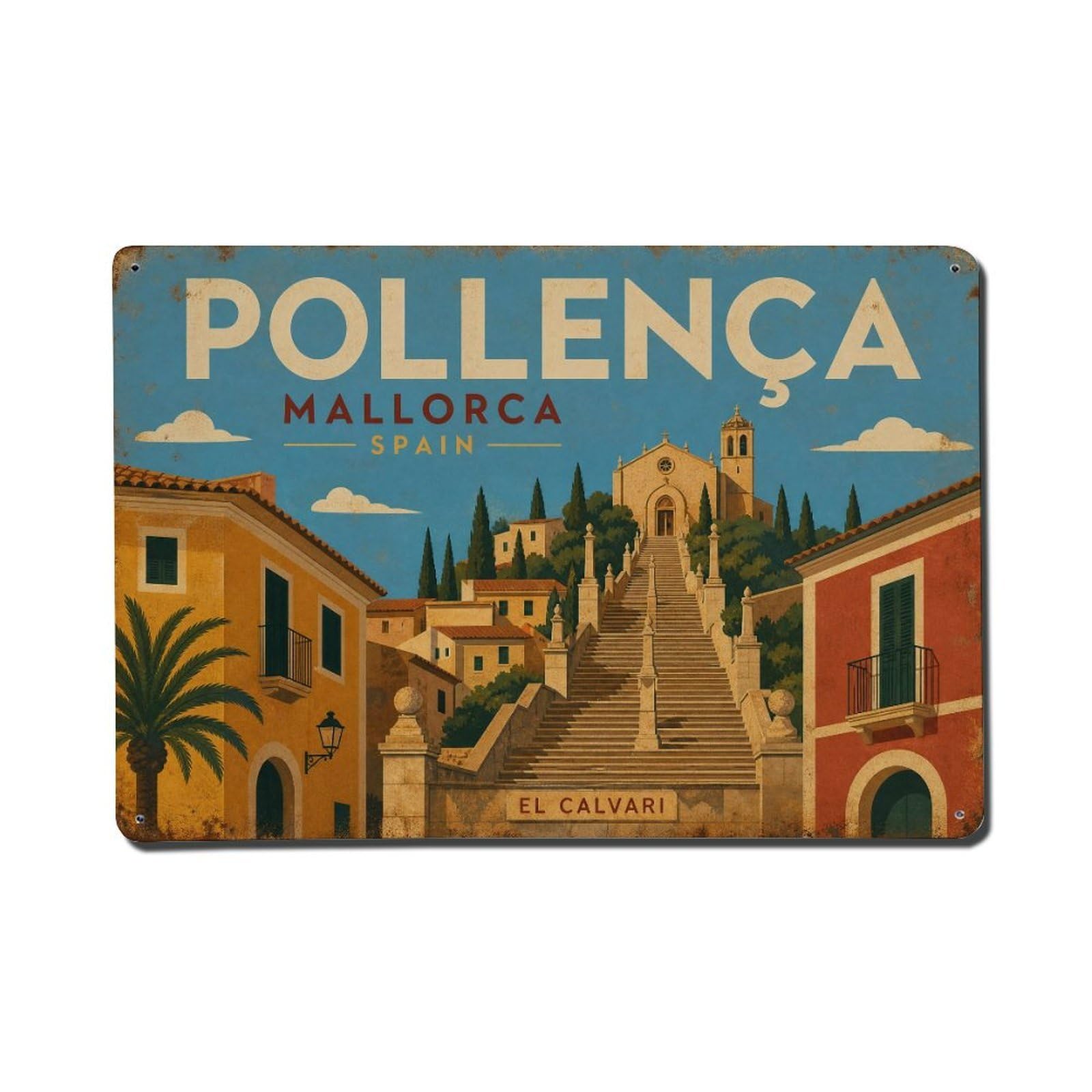 Vintage Travel Pollenca Town Mallorca Calvary Steps Church Metal Tin Sign Wall Decor for Cafe, Club, Garden Metal Poster 8x12Inch