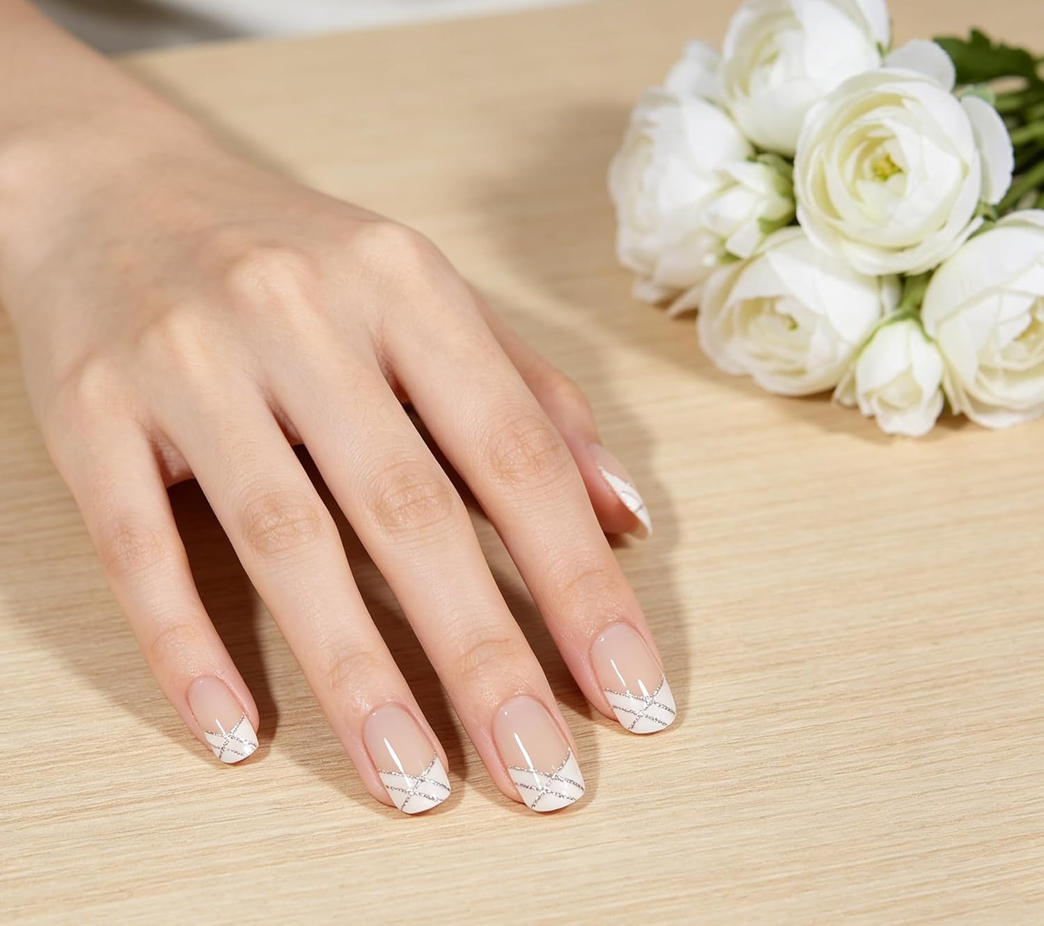 Natural Nude Pink French Press On Nails | Glitter Line Design