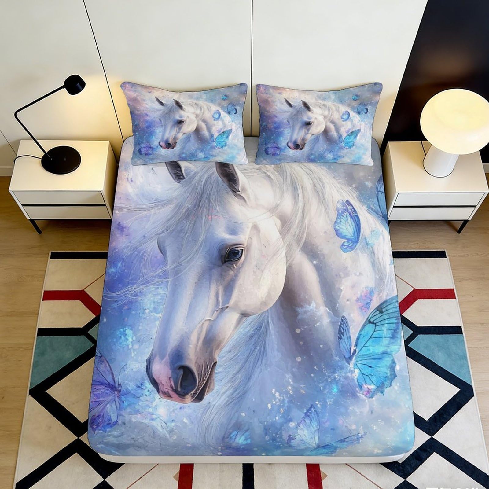 3D Printed White Horse Fitted Sheet Microfiber Soft Butterfly Mattress Cover Anti-Slip All Ages Bedroom Dorm Decor 90x200x25cm