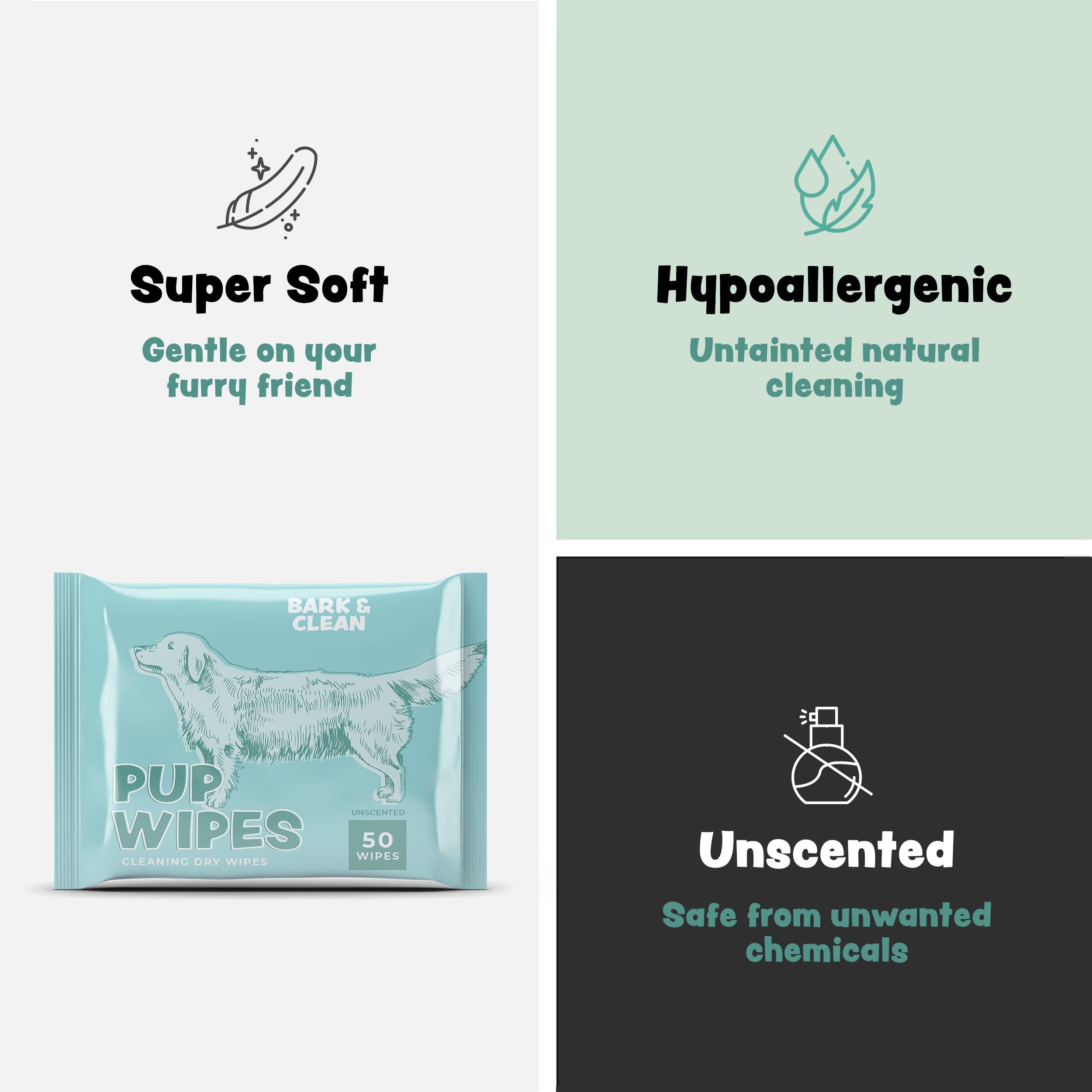 Bark & Clean Dry Dog Wipes, Dog Grooming Supplies - Unscented Non-Woven Dog Cleaning Wipes - Hypoallergenic Dog Wipes for Paws and Butt - Liquid and Chemical Free Pet Wipes - 50 1
