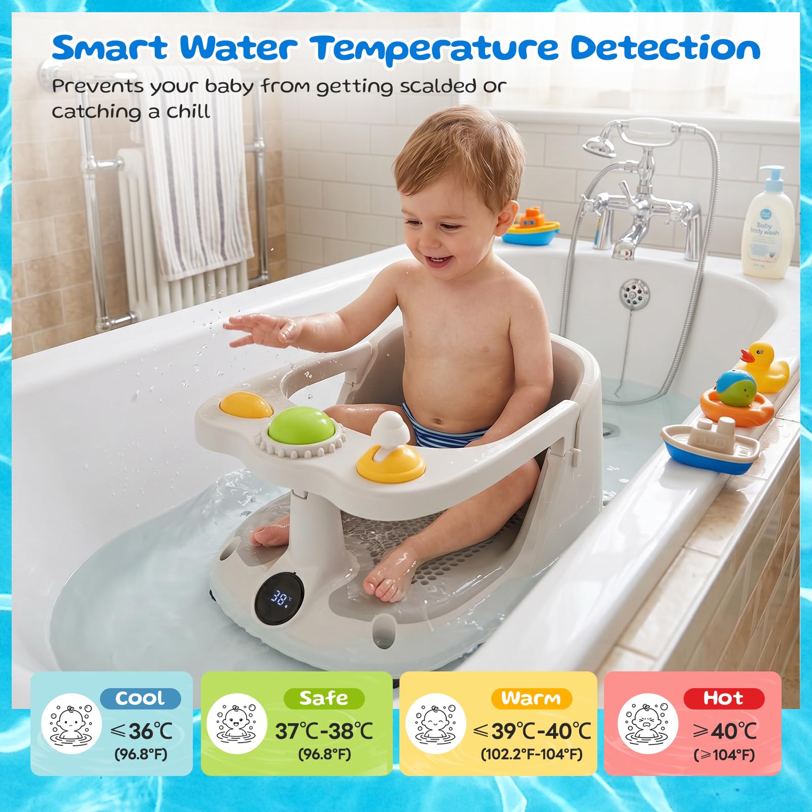 Seggiolino per vasca da bagno per bambini con monitoraggio della temperatura in tempo reale, portatile, con 4 ventose antiscivolo, sedile da bagno per bambini dai 6 mesi in su, design a rete per