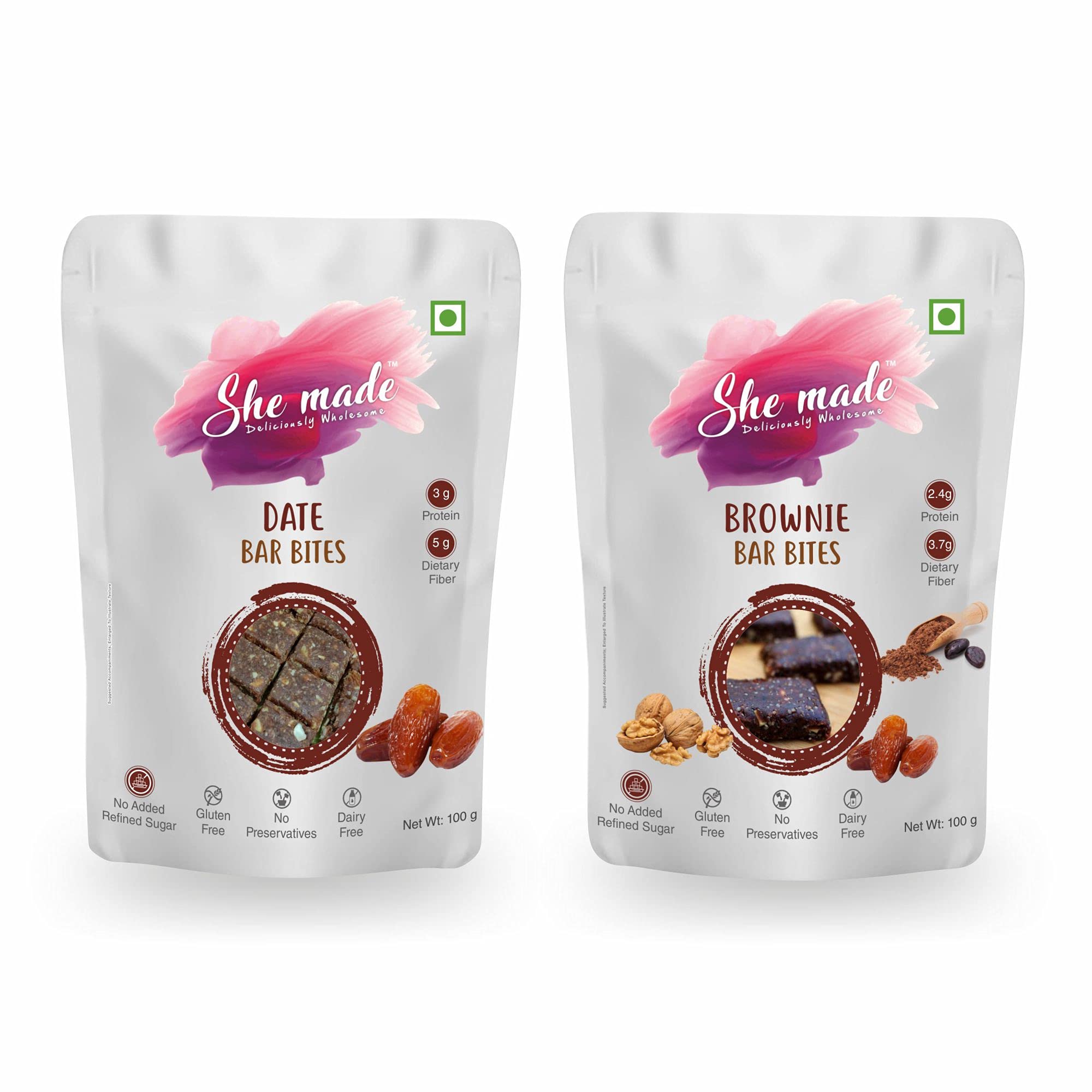She Made Foods Multi Bar-Bites Pack of 2 - Healthy Brownie and Date Bar Bites, Gluten Free & Protein Dense Energy Bites, Delicious Baked Gourmet Snacks (100 Grams Each)