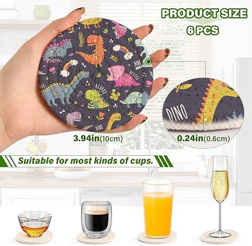 Miniatura 3 de innewgogo Dinosaurs (4) 6 Pcs Absorbent Drink Coasters for Tabletop Protection Round Woven Coaster with Holder & Heat Water Resistant Bulk Cup