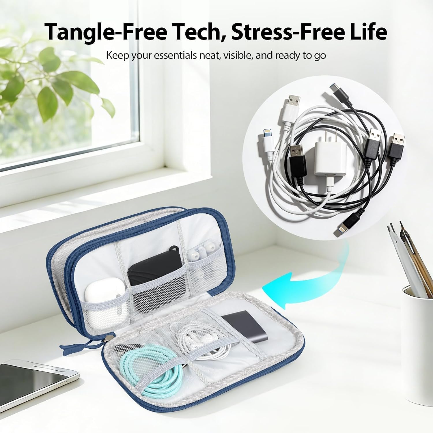 Double Layer Electronics Organizer Travel Tech Pouch Navy Blue image 5