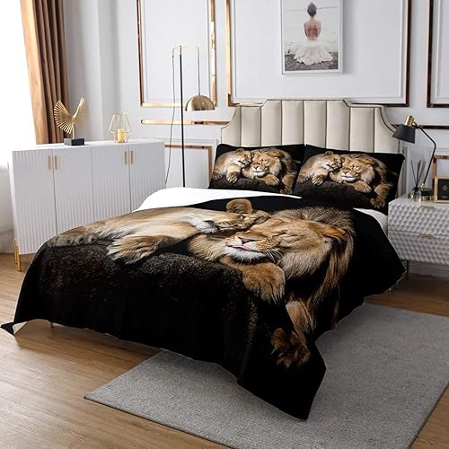 Miniatura 2 de Homewish Juego de colcha de 3 piezas con estampado de león en 3D de pareja de leones para niños, adolescentes, con temática de animales salvajes,