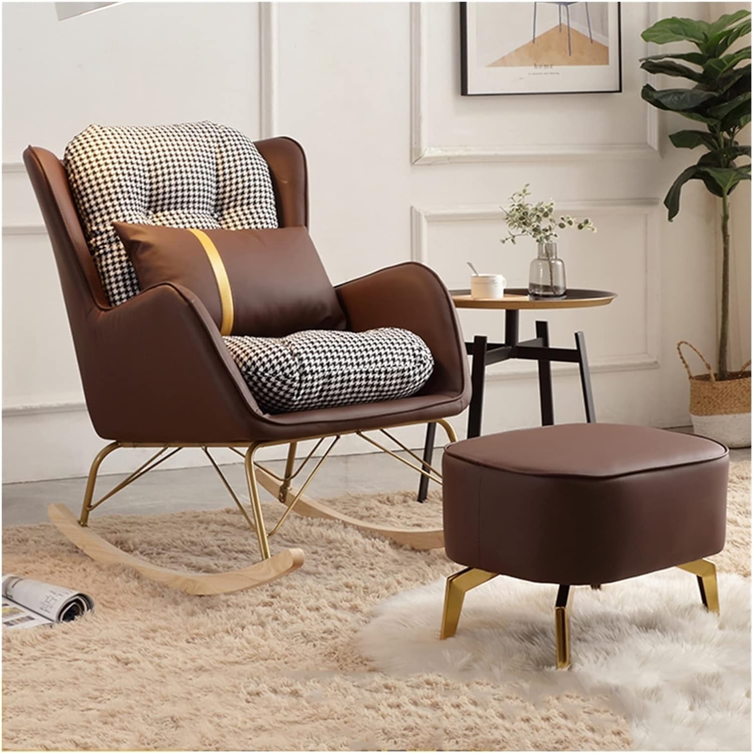 Chaise à bascule ergonomique dossier haut et repose-pieds rembourré de salon