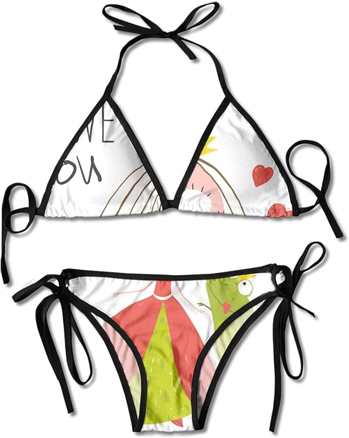 Women's 2 Piece Triangle Bikini Adjustable Straps Bathing Suit Swimsuit Princess and Prince Frog
