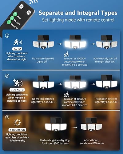 Miniatura 5 de Lepro Luces solares de seguridad - Sensor de movimiento para exteriores, control remoto 2 en 1, impermeable IP65, 2 modos de luz, reflector solar de