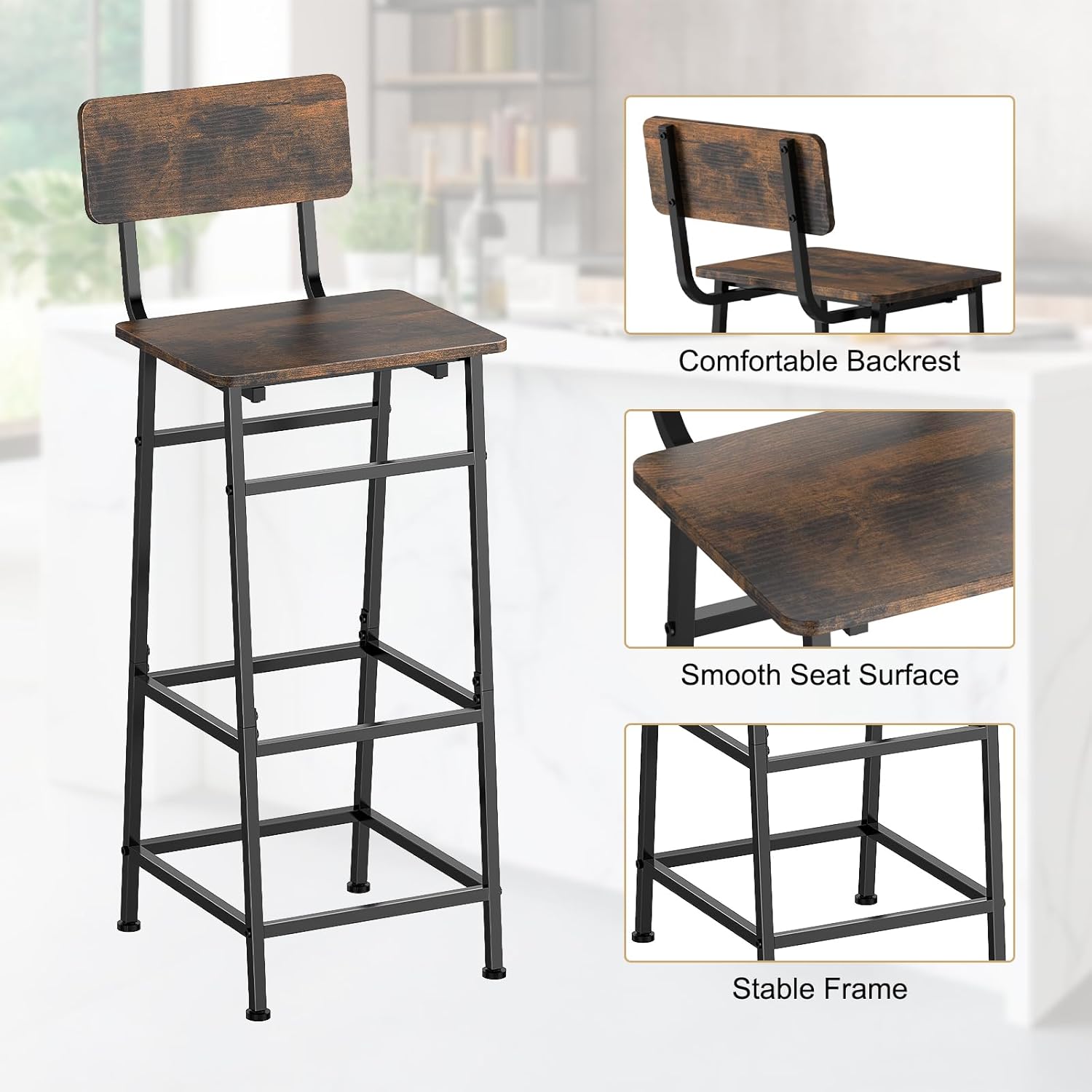 LIANTRAL Set of 2 Bar Stools, Counter Height Bar Stools with Backrest and Footrest, Kitchen Barstools with Wooden Seat, Modern Bar Height Stools for Dining, Kitchen, Brown