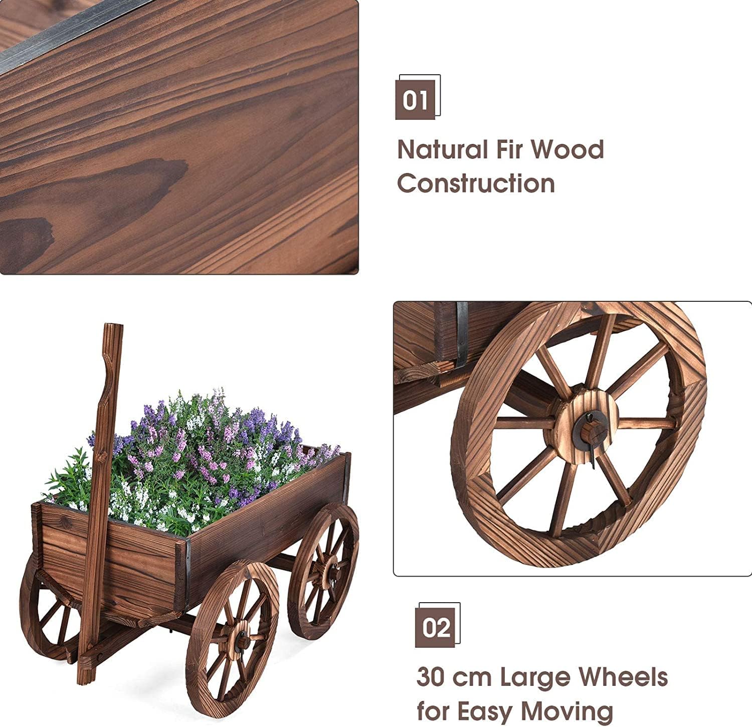 GRAFFY Wood Wagon, Wooden Flower Planter with Handle and Wheels, Decorative Planter, Flower Pot Holder for Patio Balcony Lawns Backyard Decor