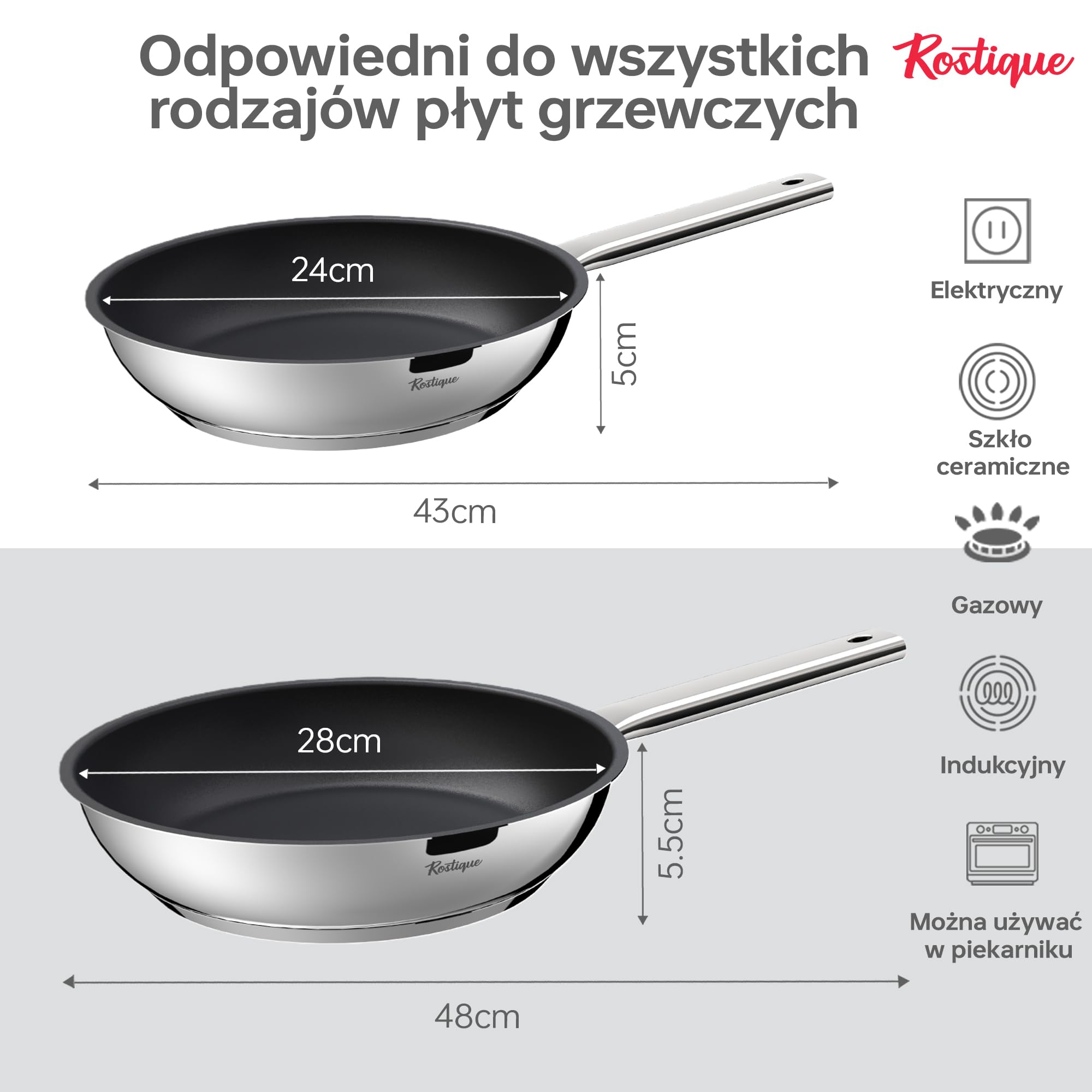 Patelnie ze stali nierdzewnej 24 cm i 28 cm z powłoką zapobiegającą przywieraniu, nadają się do wszystkich rodzajów kuchenek, w tym gazowych i indukcyjnych