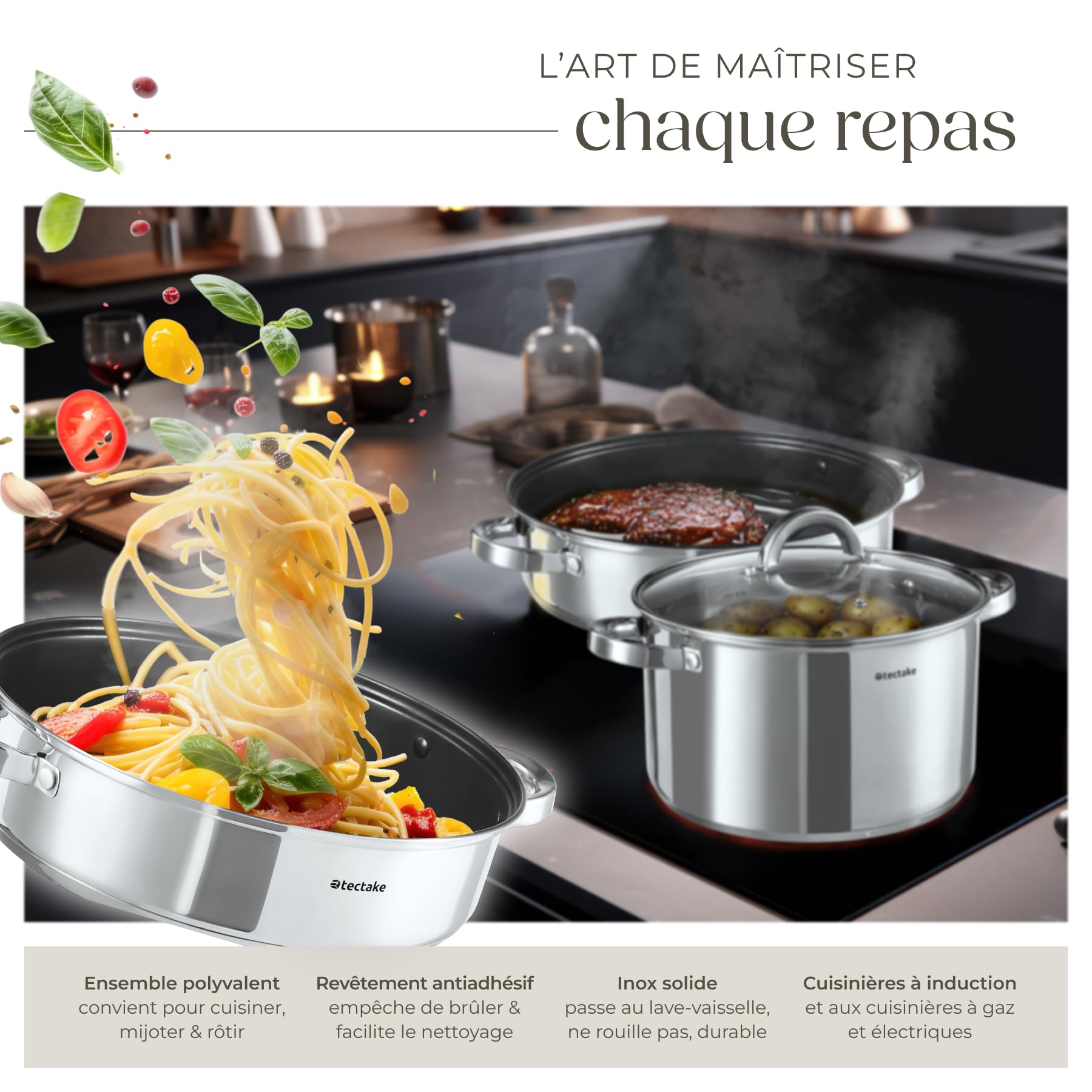 tectake® Set de casseroles & Poele Inox 15 pcs, revêtement anti-adhésif, Lot de casseroles, poêles & couvercle casserole, ustensiles de cuisine idéal Induction cuisinère gaz & vitrocéramique