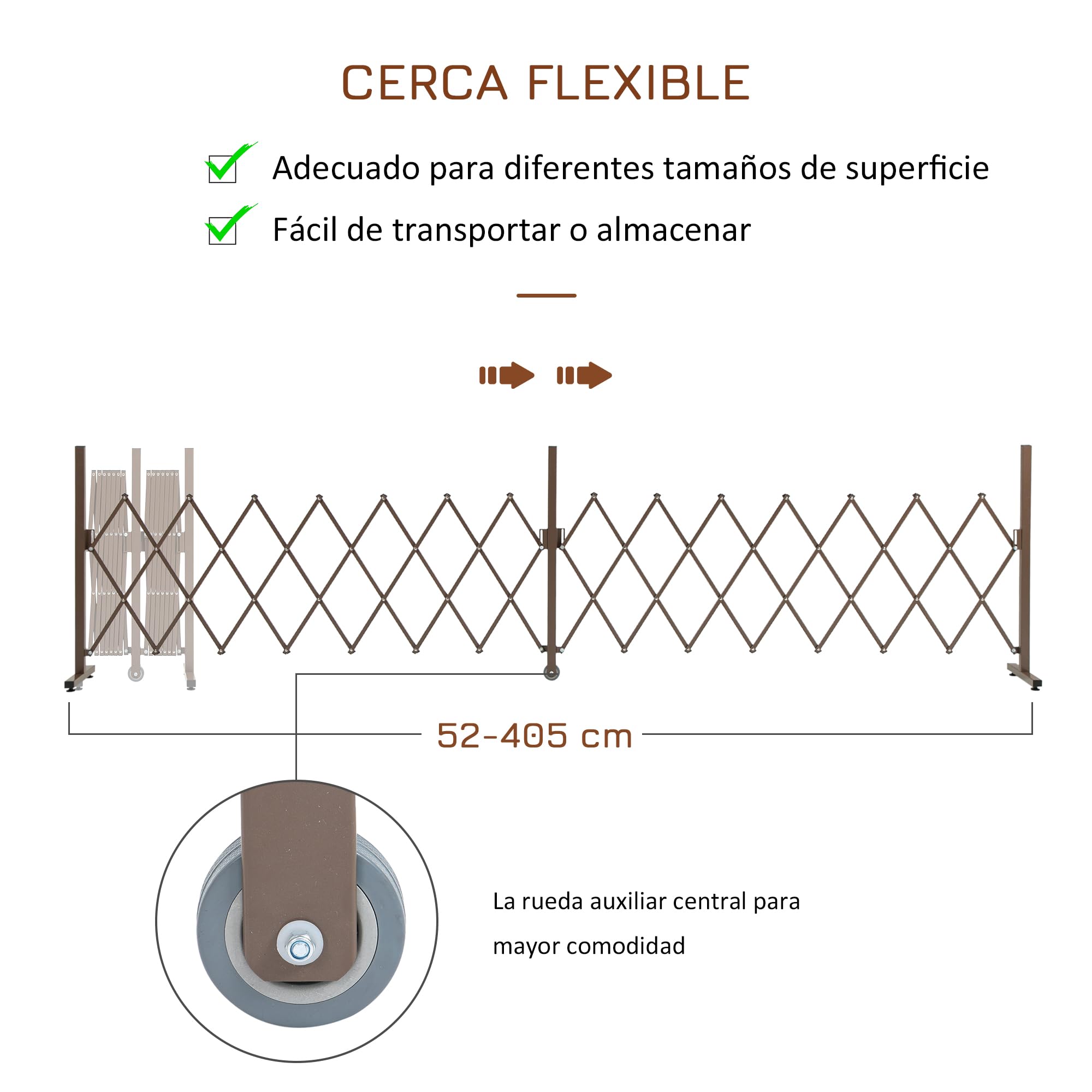 Outsunny Valla de Jardín Exterior de Aleación de Aluminio Valla Metálica Extensible con Rueda para Decoración Terraza Patio 405x31x103,5 cm Café Oscuro