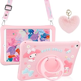 for iPad 6th Generation Cases iPad Air 2 Case 9.7 inch for Girls Kids with Kickstand Lanyard Heart Keychain Silicone Case Cute Protective Tablet Cover for iPad 5th Generation Case 9.7'' Pink