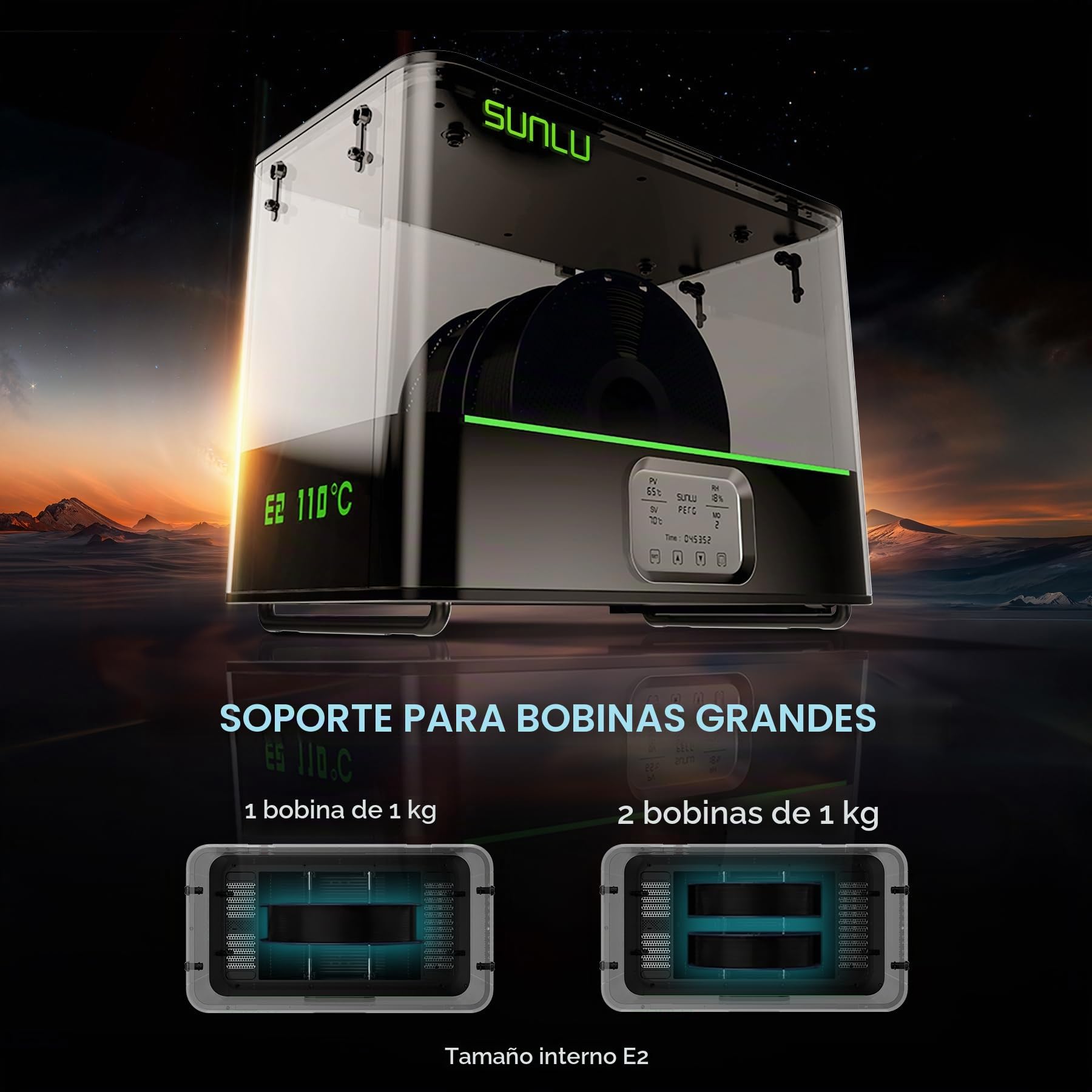 SUNLU Oficial E2 Secador de Filamento, 110°C Máx, Calentador PTC 500W, Secado y Recocido 2-en-1, Cámara Dual para Filamentos Técnicos PC PA-CF FR-ABS (Negro)