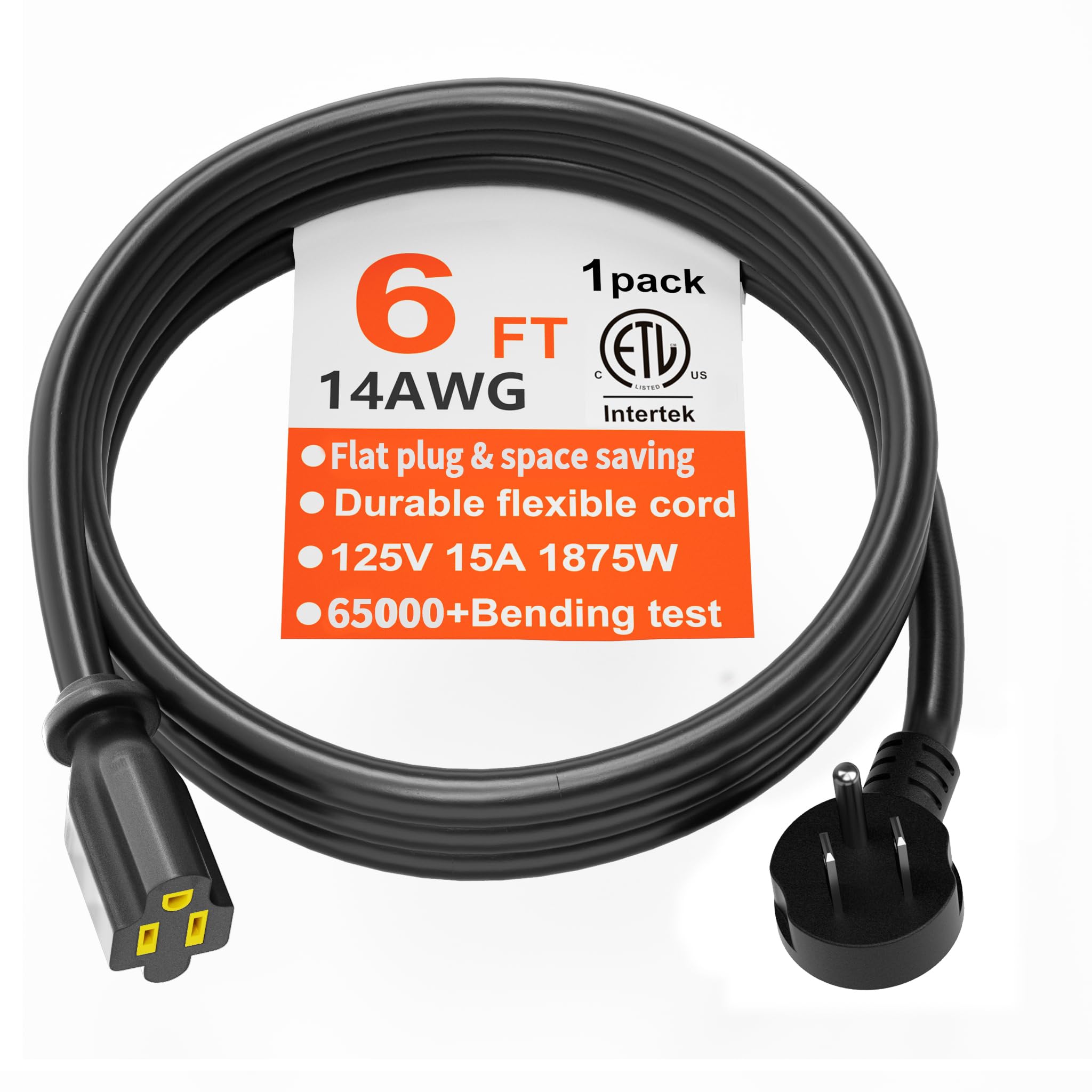 HUANCHAIN 14 Gauge 6 Feet Flat Plug Extension Cord Black Indoor