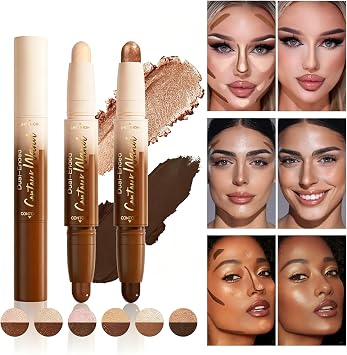 Dual-End Contour Stick, Cream Contour & Highlighter Stick, Moisture-Resistant Extended Wear Face Sculpting Makeup for Concealing, Brightening and Defining Facial Contours (#2)