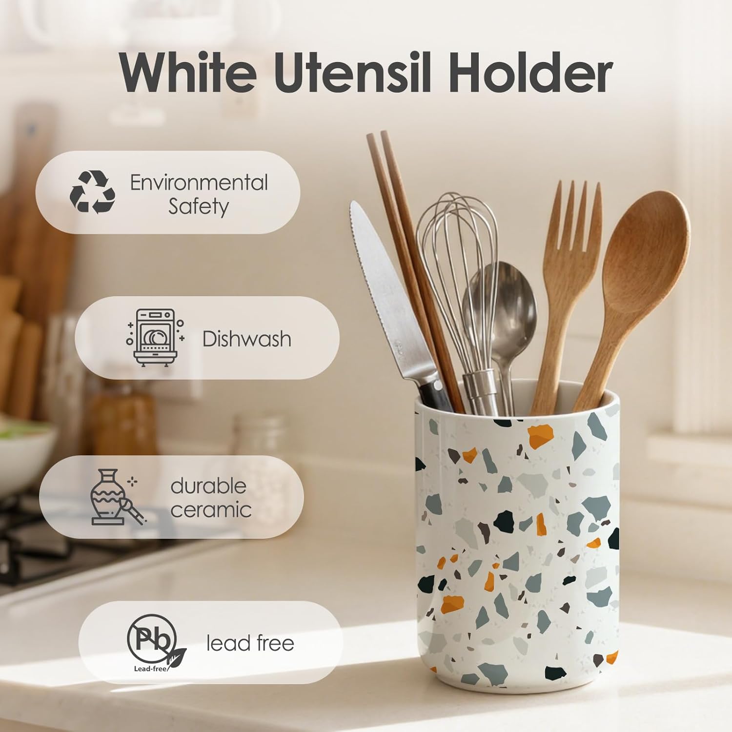 kitchen utensil holder,Extra Large Stable Terrazzo Marble Pattern Ceramic Utensil Crock,Vintage Farmhouse Kitchen Decor for Counter,for Housewarming,Wedding Gift 6.3"+4.7"(Marble Pattern)