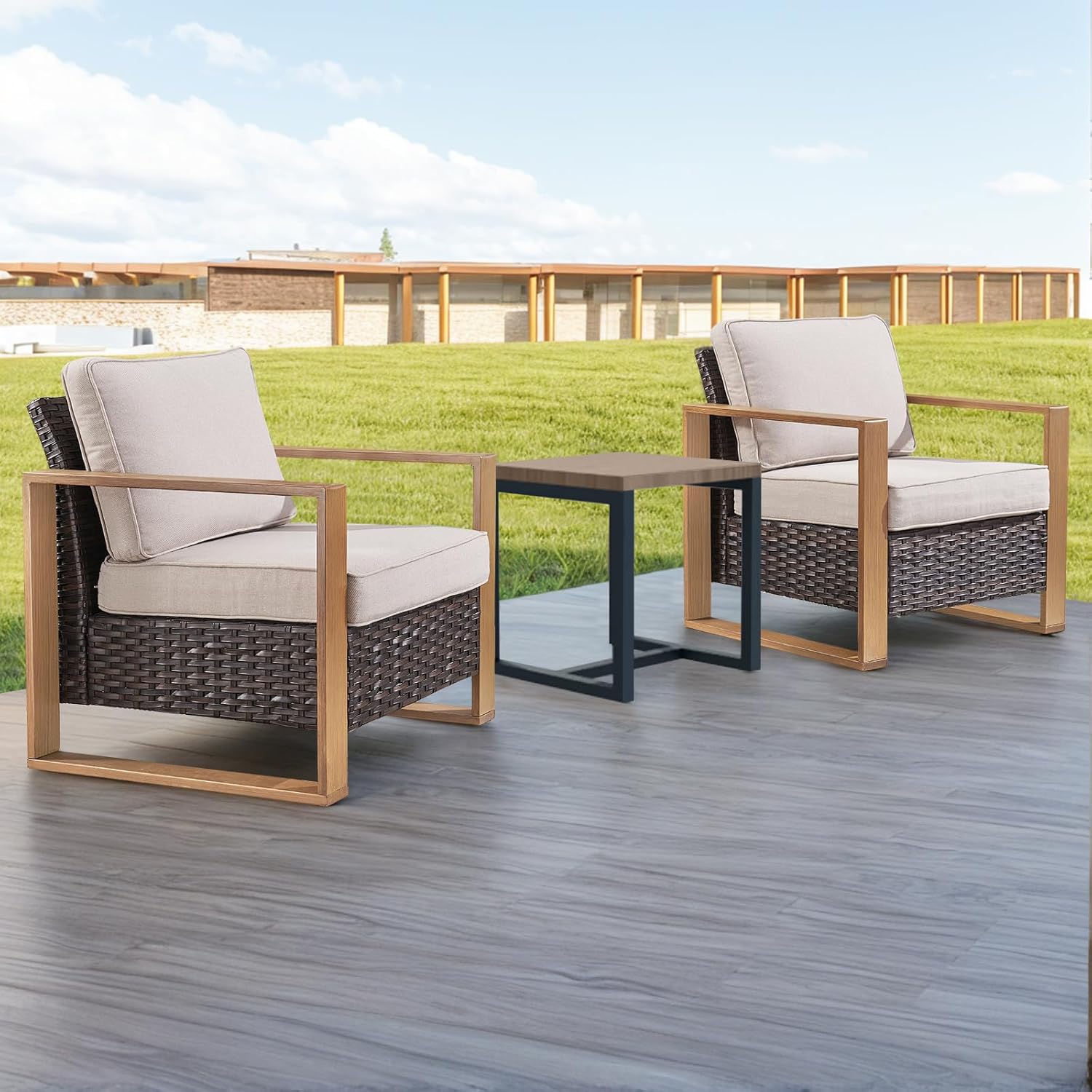 Rilyson 3 Piece Wicker Patio Furniture Set,Patio Bistro Set with 2 Rattan Armrest Chairs and 1 Side Table,Sturdy Frame,All-Weather PE Wicker,Wide Armrest,Deep Seating and Thick Cushions(Brown/Beige)