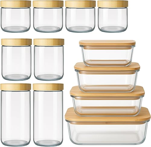 Miniatura 2 de Suclain Juego de 12 recipientes herméticos de vidrio para almacenamiento de alimentos con tapas de bambú, incluye 4 recipientes de vidrio para