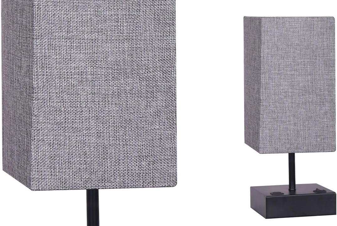 Urban Home Furniture Set of 2 Hutchinson Bedside Lamp, USB Table Lamp, Nightstand Lamp with 2 USB Ports, Desk Lamp for Bedroom, Living Room, Small Table Lamp, Grey Fabric Shade