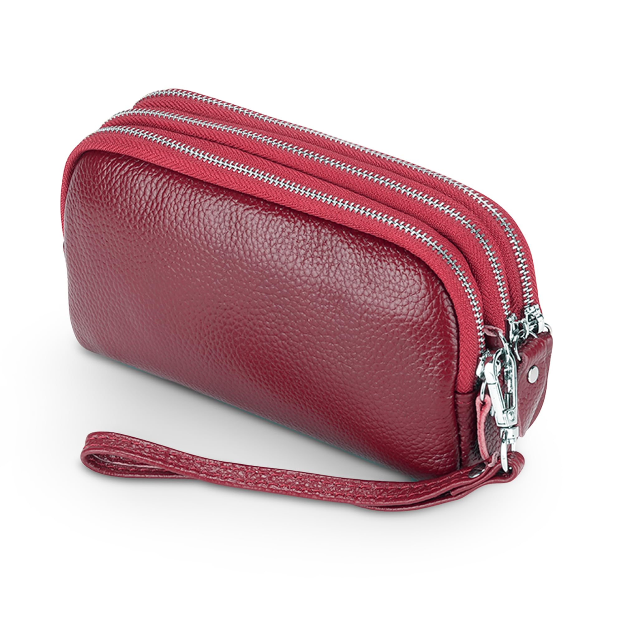 Mujer Cartera Cuero Genuino Gran Capacidad Elegante Billeteras Cremallera Ligera Monederos Carteras de Piel para Dama con Correas de Muñeca Rojo