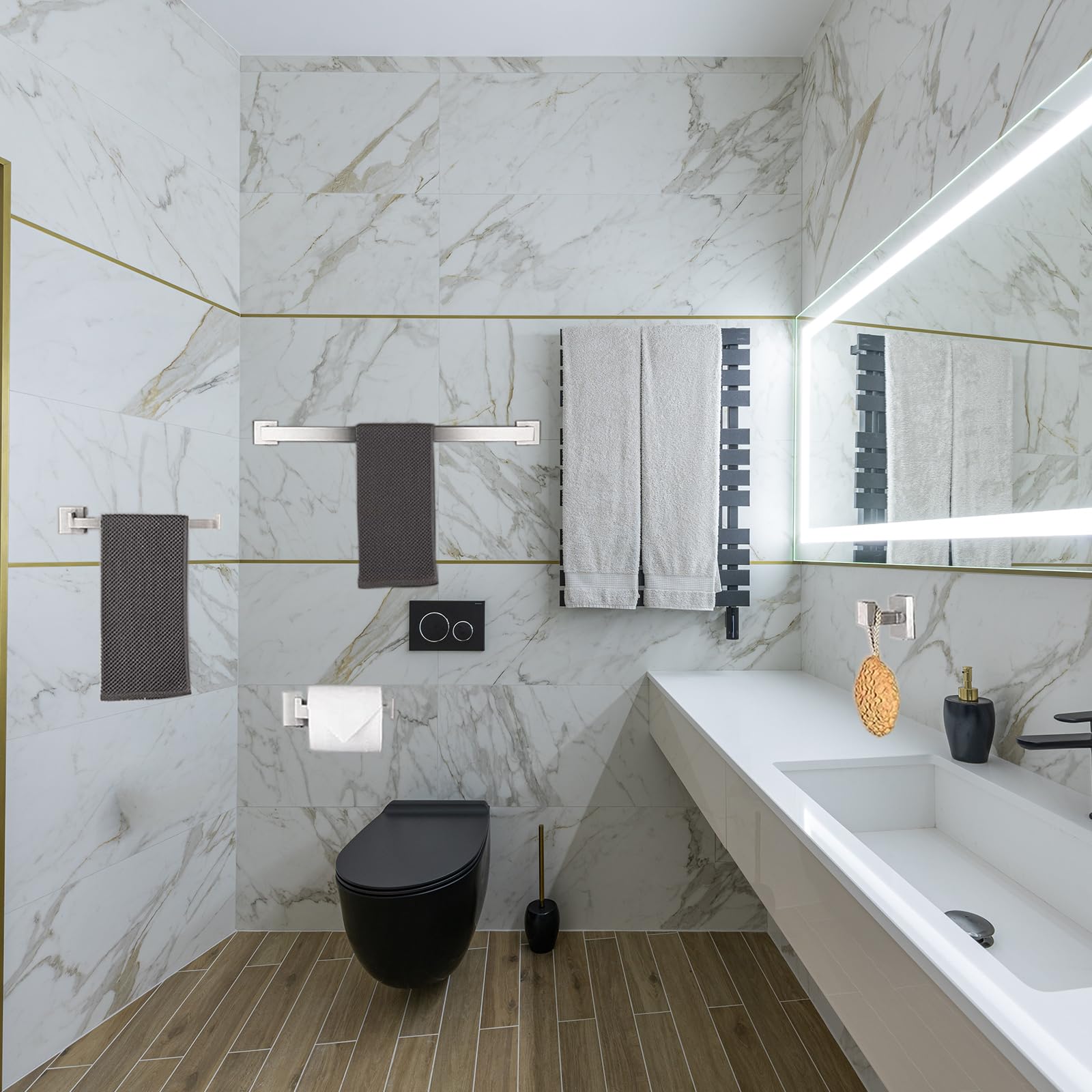 Juego de accesorios de baño de 4 piezas, toallero, toallero, soporte para papel higiénico, ganchos para toallas, ganchos modernos cuadrados de acero inoxidable de alta calidad, níquel cepillado, 7