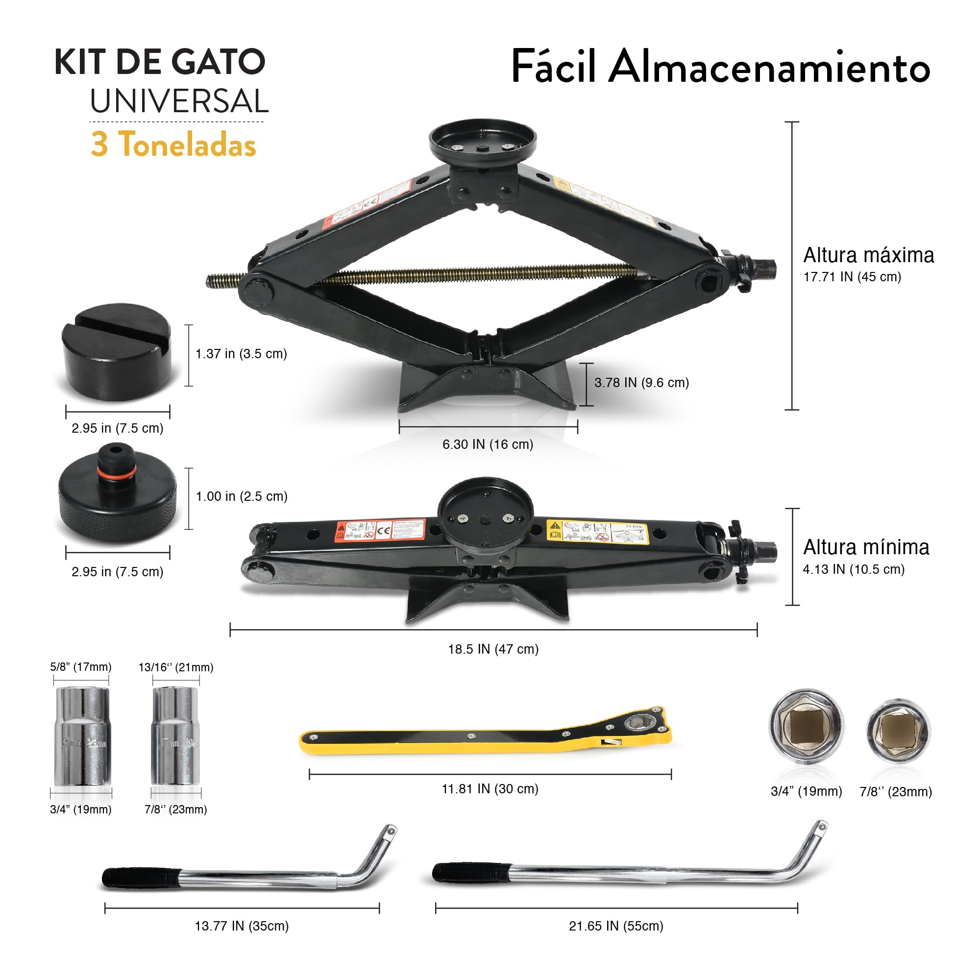 Kit de Gato para Coche con Pad Tesla y Pad de Goma Universal 3 Toneladas (3000 kgs) | Gato de Tijera para Coche - Kit de Herramientas para Cambio de Neumáticos | Portátil, Ideal para SUV y Coches