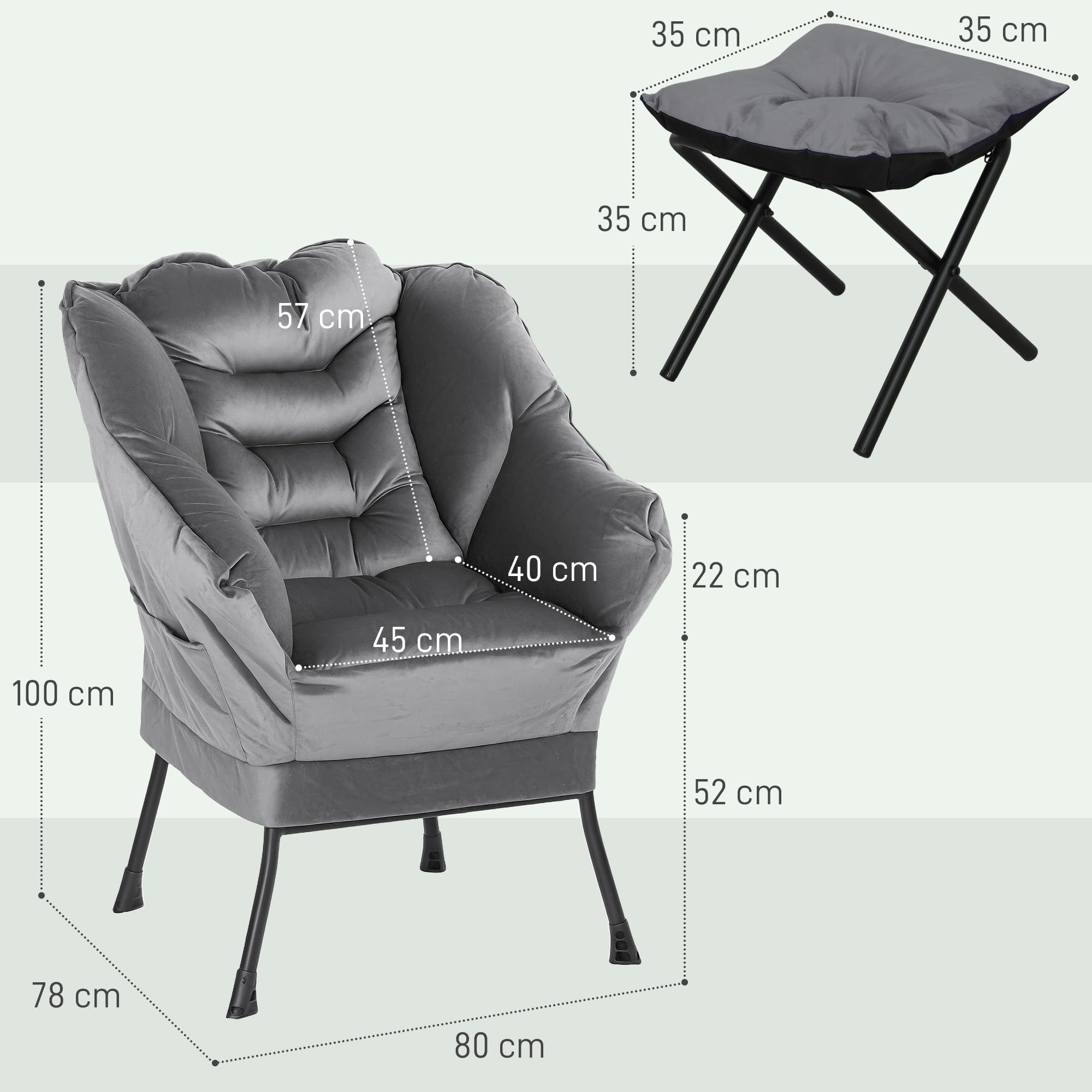 HOMCOM Set Poltrona con Poggiapiedi per Soggiorno in Tessuto Effetto Velluto, Poltrona Camera da Letto con 2 Tasche Laterali, Braccioli e Schienale, Struttura in Acciaio, 80x78x100 cm, Grigio