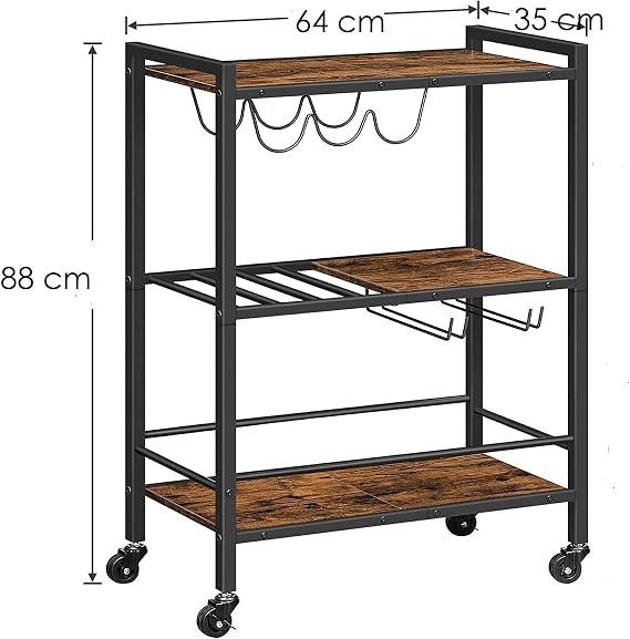 3-Tier Rolling Industrial Rustic Charm on Wheels Wooden Bar Design Kitchen Serving Cart Trolley with Lockable Wheels - Perfect for Dining Rooms, Living Rooms, Gardens, Parties, and Bars