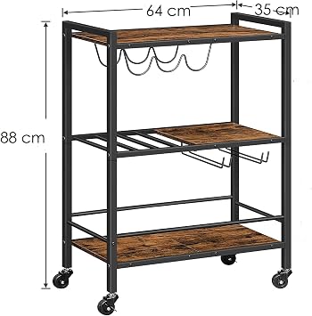 3-Tier Rolling Industrial Rustic Charm on Wheels Wooden Bar Design Kitchen Serving Cart Trolley with Lockable Wheels - Perfect for Dining Rooms, Living Rooms, Gardens, Parties, and Bars