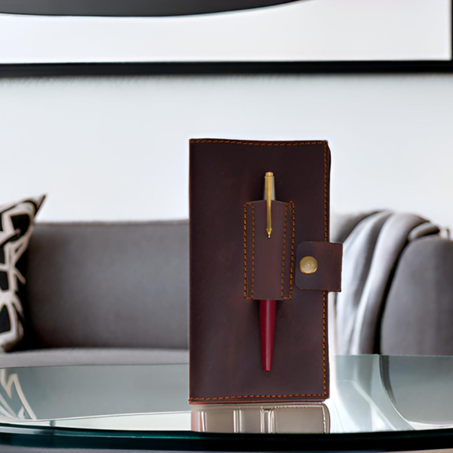 Distressed Leather Checkbook Cover with Pen Holder, Executive Leather Checkbook Wallet for Men Women Slim Vintage Bifold Checkbook Register Organizer for Personal Business Use (Brown) - Image 3