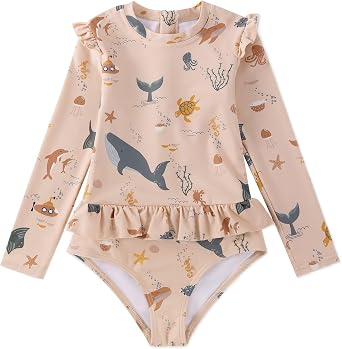 Girls One Piece Swimsuits Zipper Rash Guard Long Sleeve Bathing Suit with Ruffle Hem UPF50+