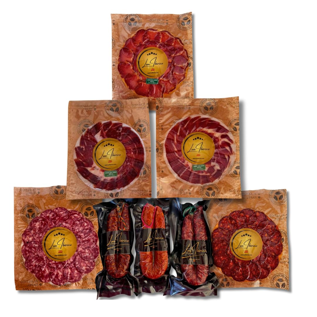 Lux Ibérico | Sabores de España | Caja Regalo Gourmet con Jamón, Lomo, Chorizo y Salchichón Ibérico Loncheado, Morcilla Patatera y Embutido Herradura | Regalo Gourmet