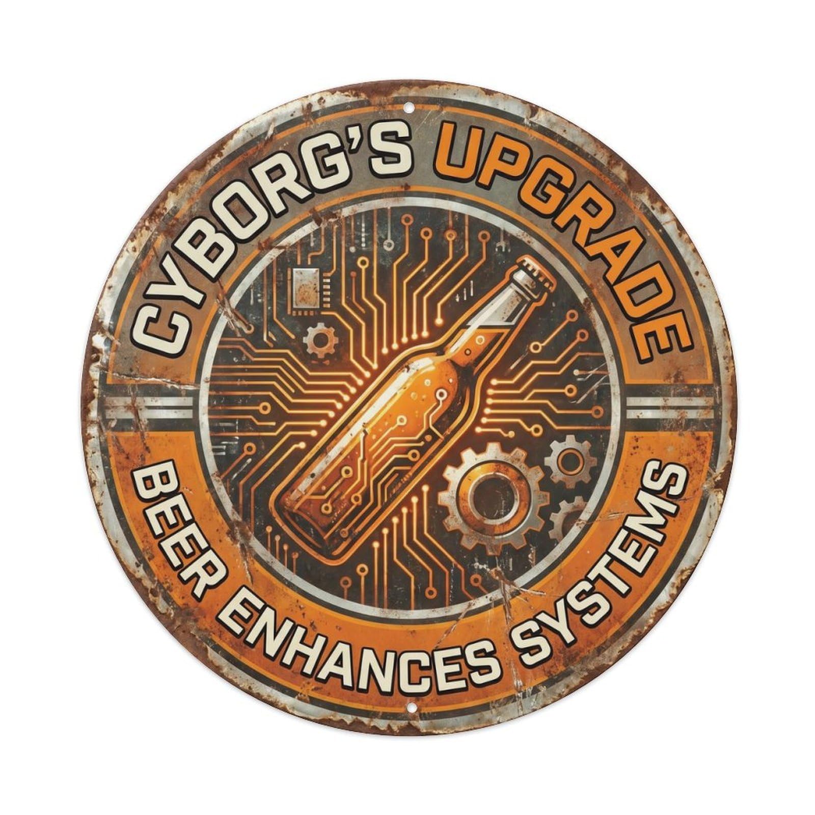 Retro Bar Style Cyborg Tech Patio Beer Vintage Metal Tin Sign Plaque Wall Decor for Cafe, Club, Garden Round Metal Poster 8x8Inch