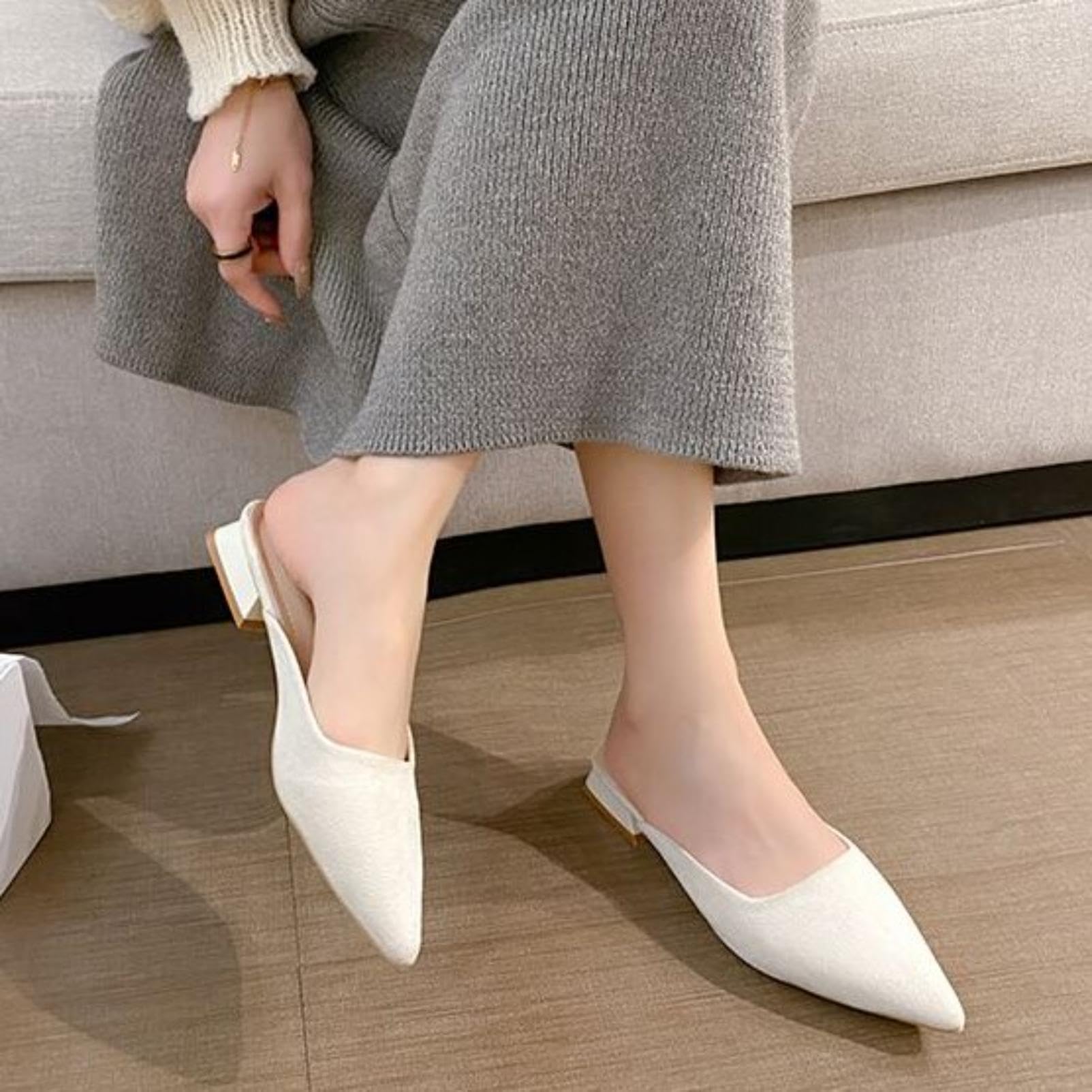 Generico Mules Donna Camoscio Punta Appuntita Tacco Blocco Basso Senza Schiena