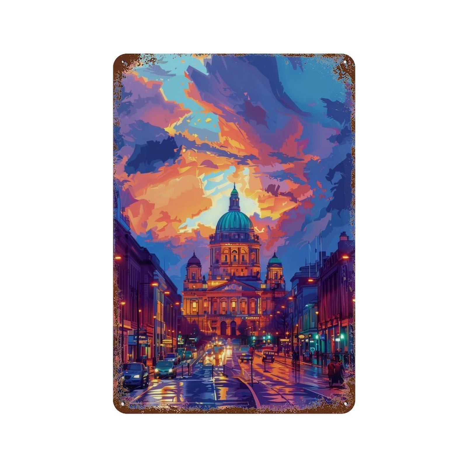 Aged Metal Wall Plaque with Cityscape with Dome Building -1 Design 11.8"x7.9", for Shed, Workshop And Garage Wall Decor, Decorative Metal Wall Art