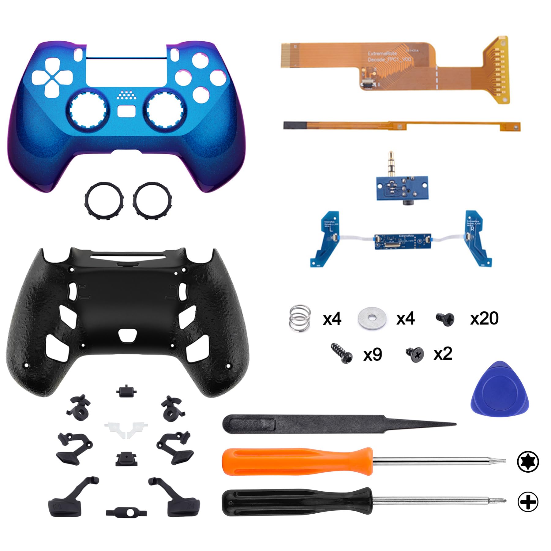 eXtremeRate Decade-Turnier-Controller (DTC) Remap Kit für PS4 Controller JDM-040/050/055, Remap Board, Faceplate, Backplate, 4 Rückpaddles, Trigger Stops Kit Lila Blau