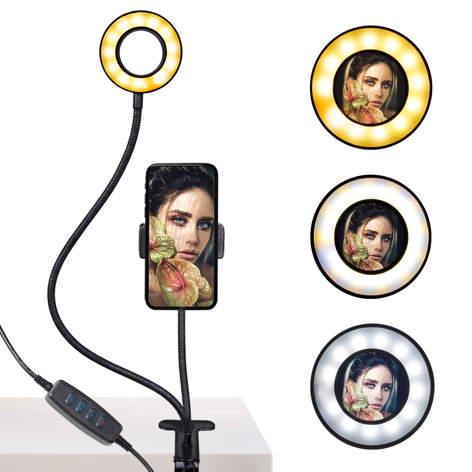 LED Selfie Ring Light with Cell Phone Holder for Photo Video Live Streams, Gooseneck Dimmable Desk Light, APL1970