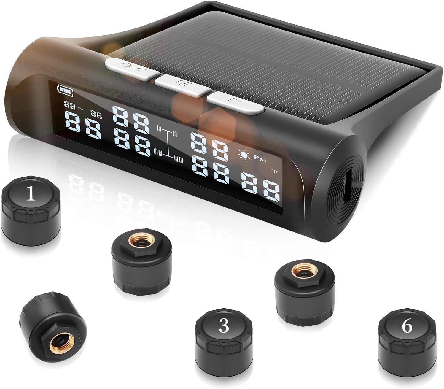 Tire Pressure Monitoring System,RV TPMS,5 Alarm Modes,Real-time Tire Pressure&Temp LCD Display,IPX67 Waterproof,Wireless Solar System&USB Charge,TPMS for 6 Wheeled RV/Trailer/Truck/Sedan(0-144psi)