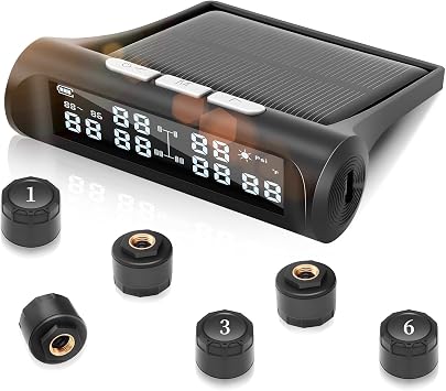 Tire Pressure Monitoring System,RV TPMS,5 Alarm Modes,Real-time Tire Pressure&Temp LCD Display,IPX67 Waterproof,Wireless Solar System&USB Charge,TPMS for 6 Wheeled RV/Trailer/Truck/Sedan0-144psi