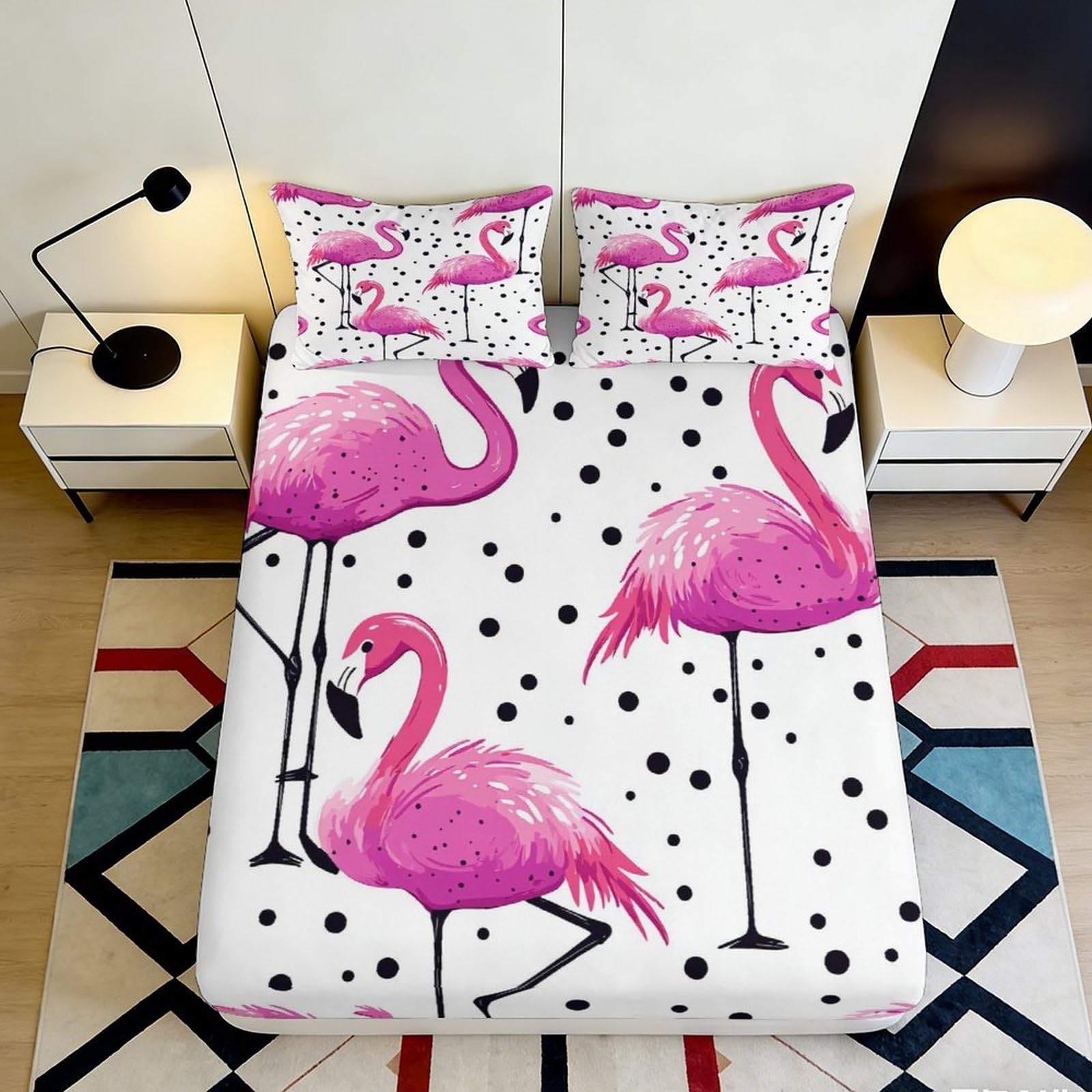 3D Printed Pink Flamingo Fitted Sheet Microfiber Soft Anti-Slip Polka Dots Bed Cover for Bedroom Guestroom Decor 90x200x25cm