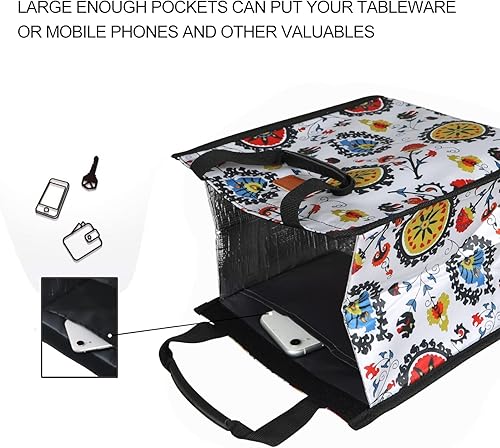 Miniatura 6 de Bolsas de almuerzo para mujer, aisladas, reutilizables, con bolsillo interno, bolsa de almuerzo para el trabajo (flores coloridas)