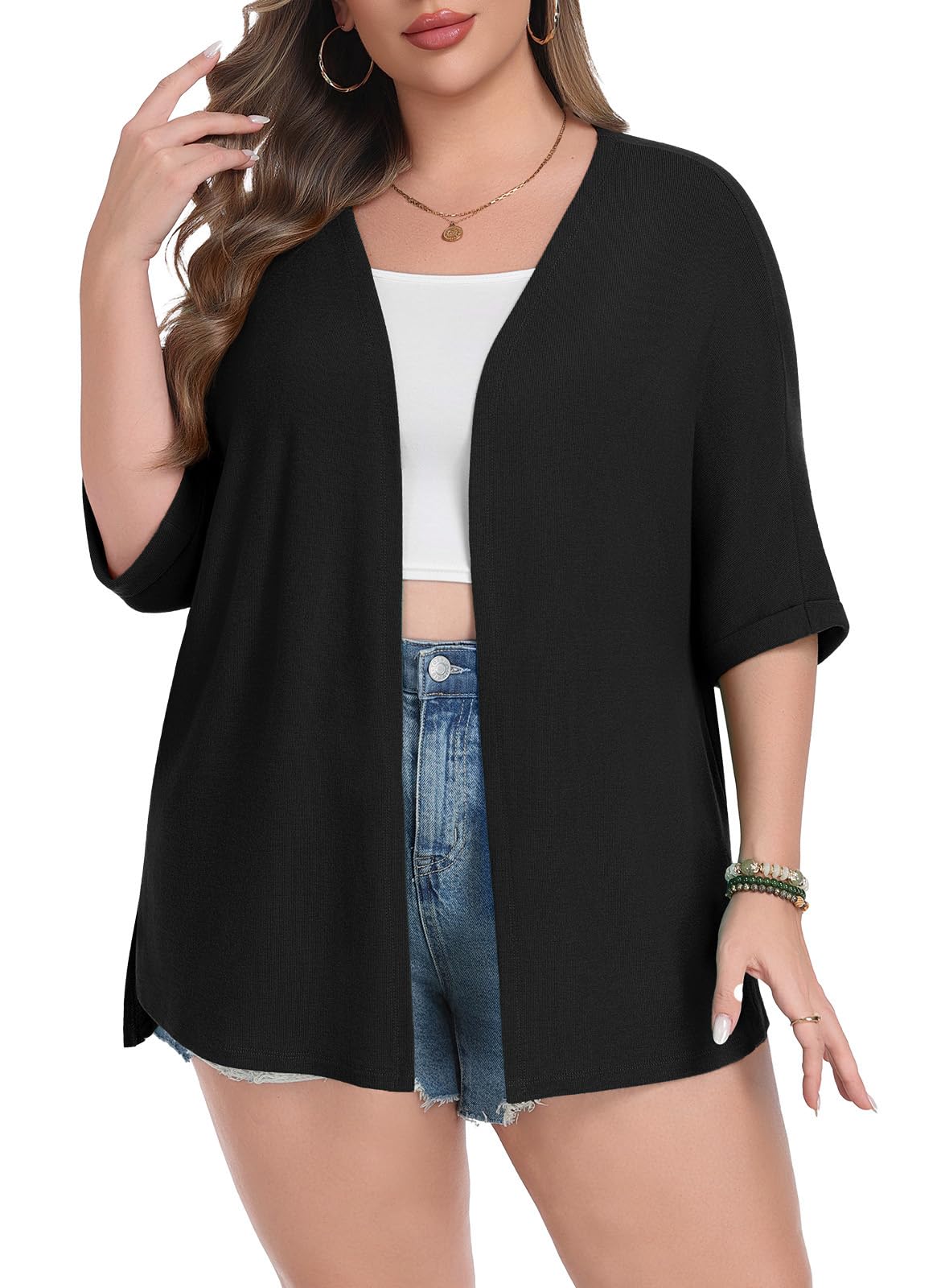 Lastshe Womens Plus Size Cardigan Short Sleeve Lightweight Loose Cover Ups Open Front Sweaters Summer Cardigan