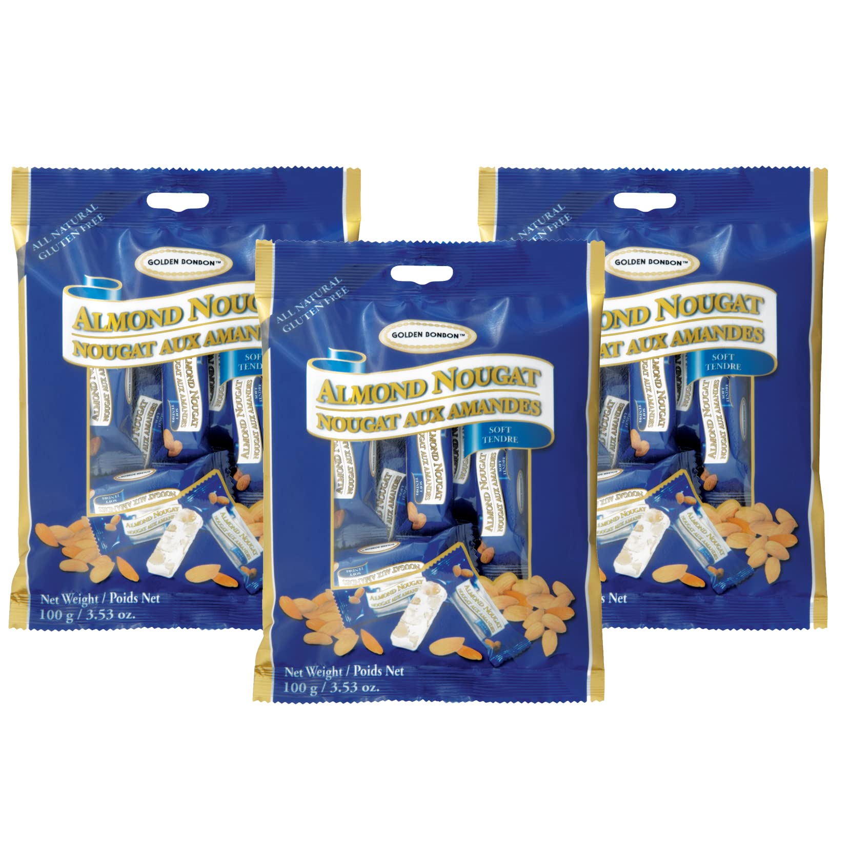 Golden Bonbon Italian Soft Almond Nougat Candy, Individually Packed Chewy, Gluten Free Nougat, Full of Almonds, Halal Candy 3.53 Ounces (Pack of 3) (