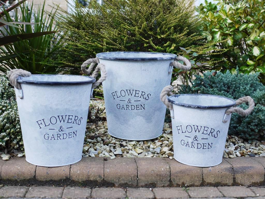 SET OF 3 GARDEN METAL PLANT POTS PLANTERS BUCKETS ROPE HANDLE