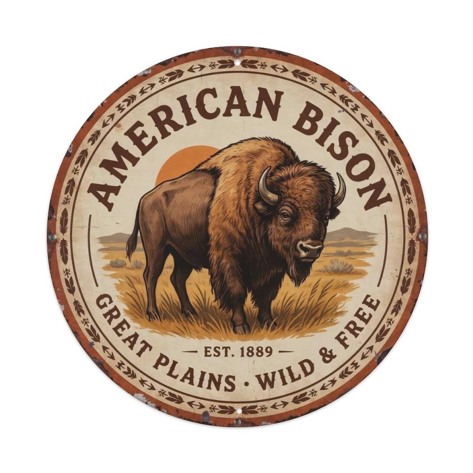 Round Prairie Buffalo Art Sign Metal Tin Sign Plaque