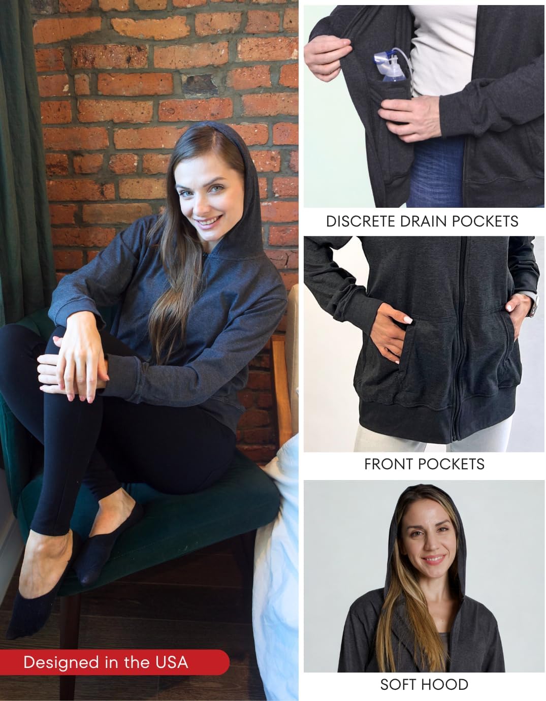 Inspired Comforts Mastectomy Recovery Hoodie with Drain Pockets - Image 2